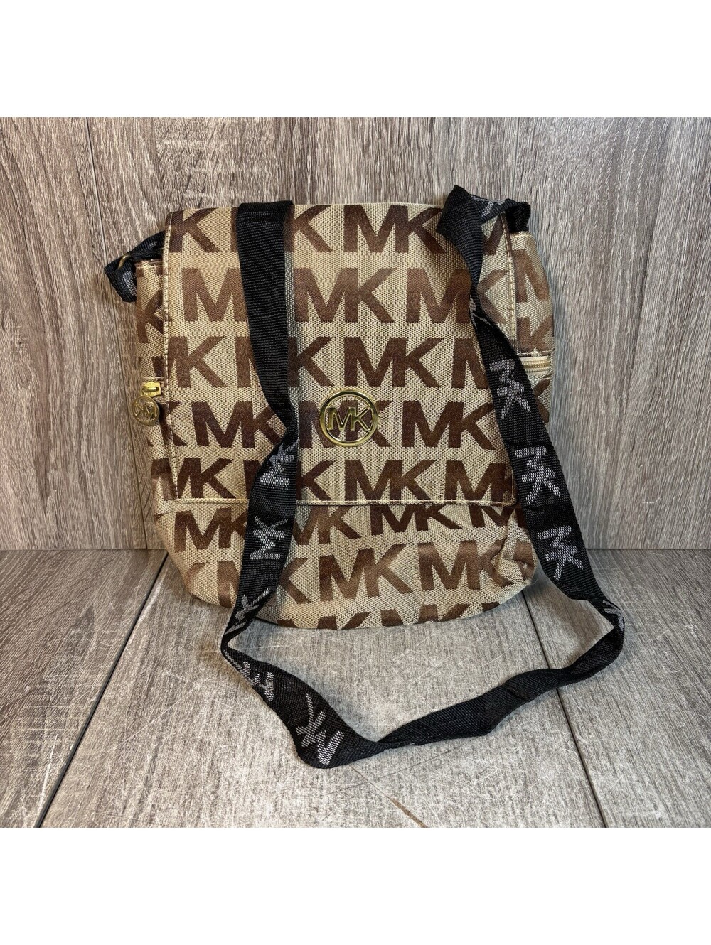 Michael Kors MK Signature Logo Brown Tan Crossbody Messenger Shoulder Bag